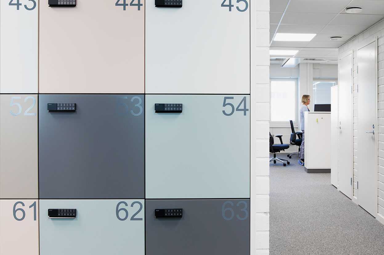 Martela's The Wall locker cabinet at FELM's office in Helsinki, Finland