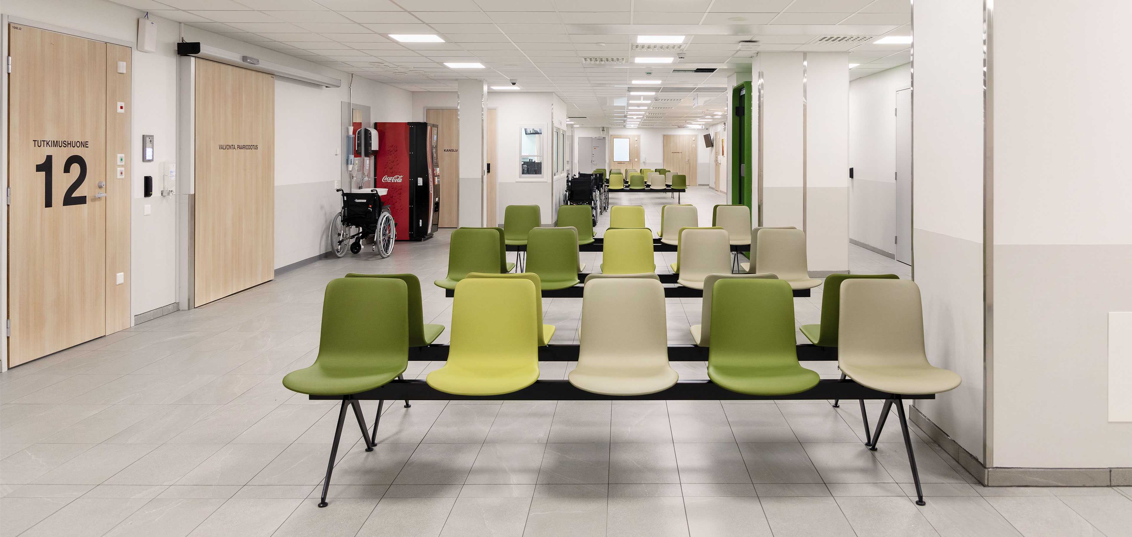 Sola beam chairs in the waiting area of the North Karelia Central Hospital