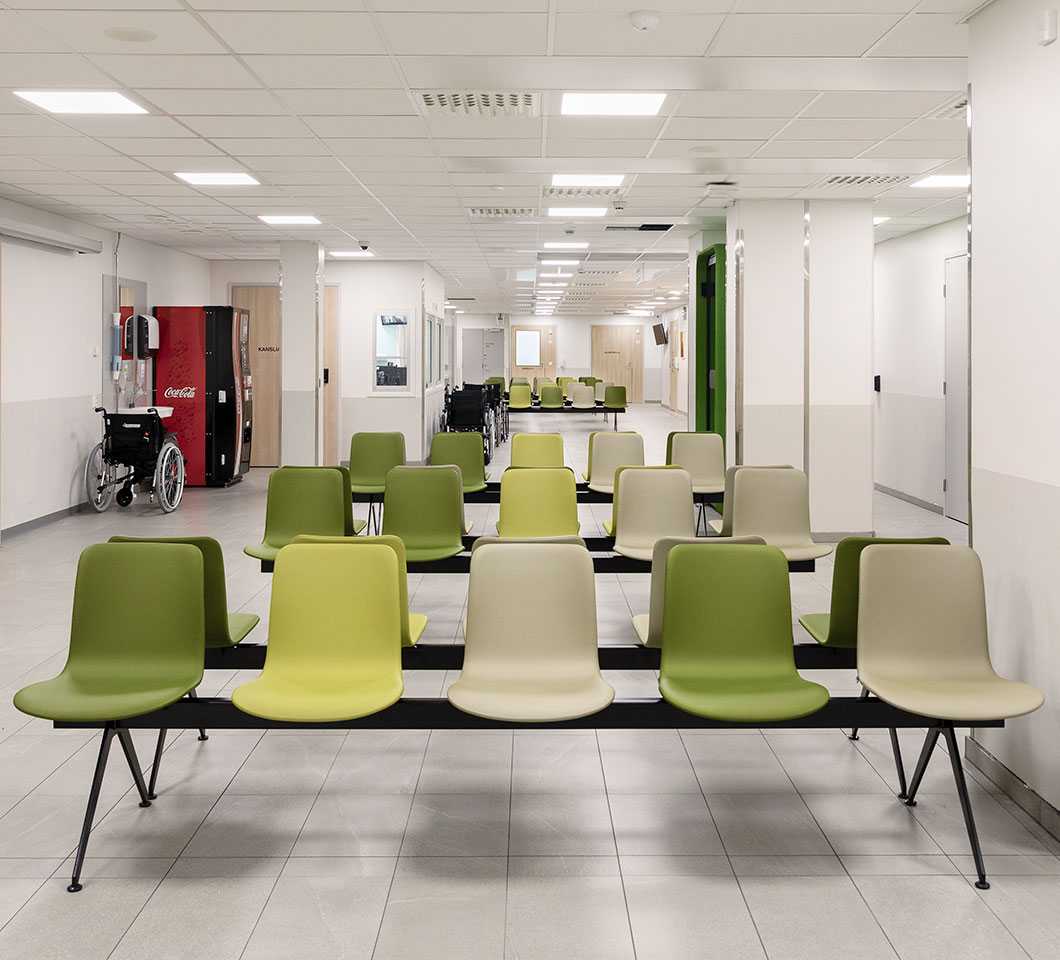 Sola beam chairs in the waiting area of the North Karelia Central Hospital